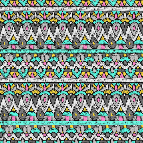 Ethnic pattern. Aztec fabric. Embroidery effect. Tribal ornament. Brazilian or Mexican print. Clothes or interior design. Boho fashion. Traditional homespun textile. Vector seamless pattern.