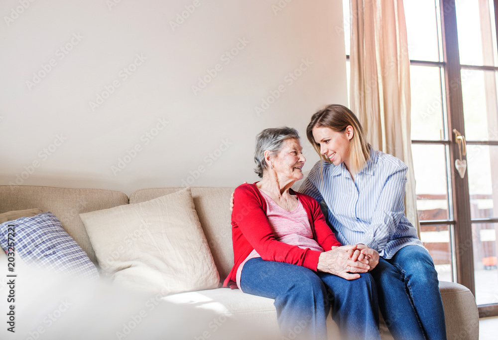 An elderly grandmother with an adult granddaughter at home. An elderly grandmother with an adult granddaughter at home.