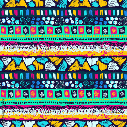 Ethnic pattern. Aztec fabric. Embroidery effect. Tribal ornament. Brazilian or Mexican print. Clothes or interior design. Boho fashion. Traditional homespun textile. Vector seamless pattern.