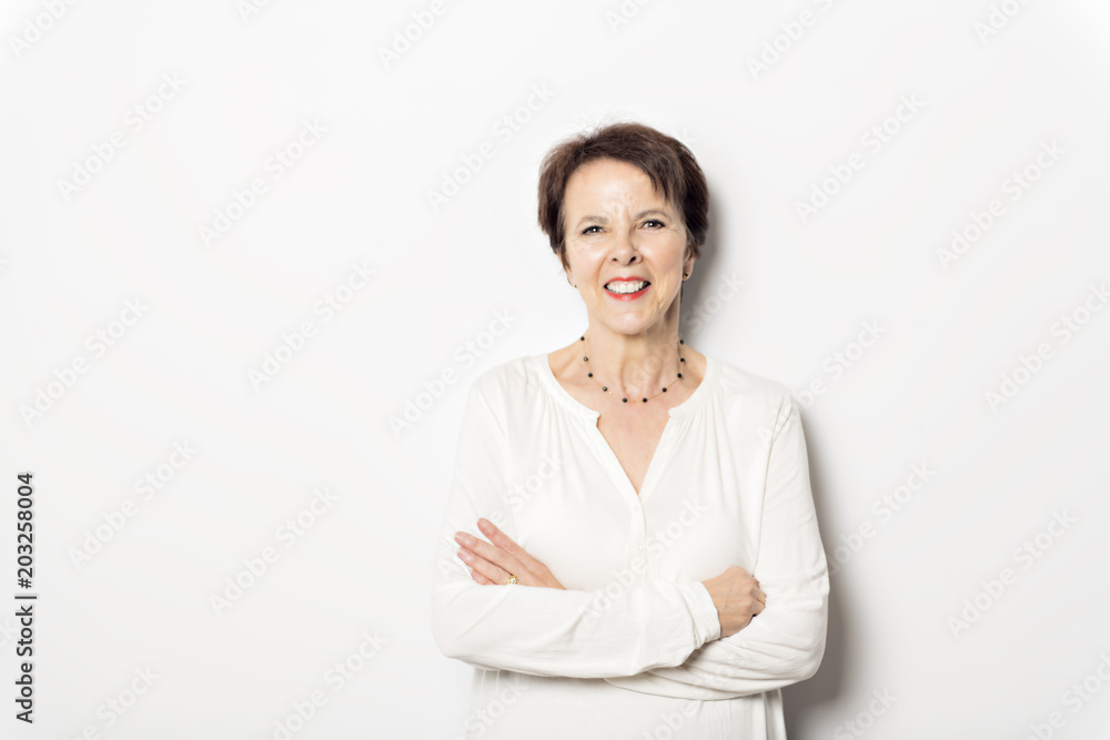 Happy joyful senior lady isolated on white background Happy joyful senior lady isolated on white background