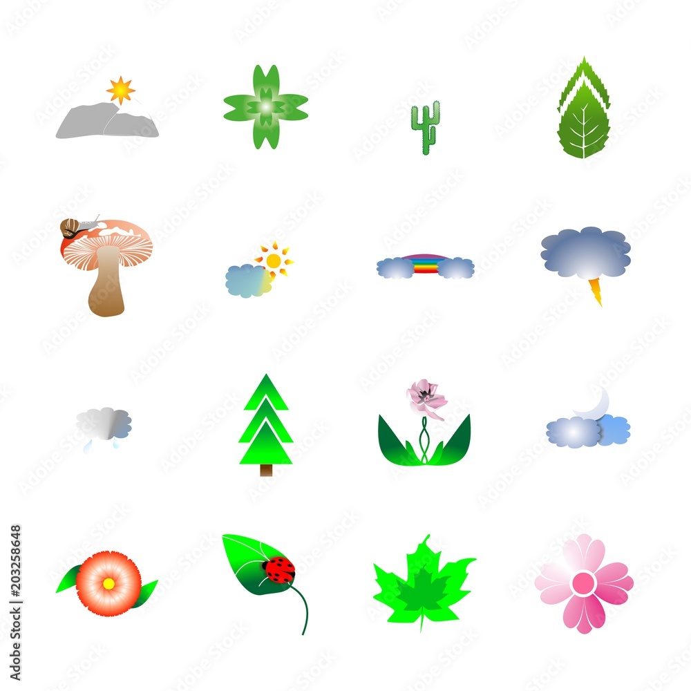 icon Nature with clover, lightning, cloudy, leaf and mountain