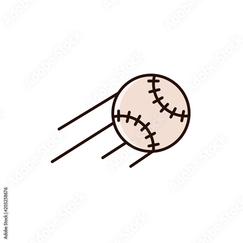 Flying baseball or softball with motion path lines - flat color line icon on isolated background. Base ball sign, emblem, element in thin linear design.