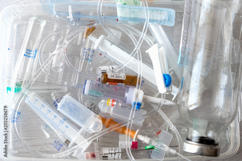 medical waste syringe and ampoule, plastic and glass