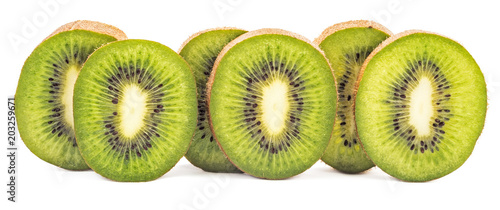 Sliced kiwi fruit in row isolated