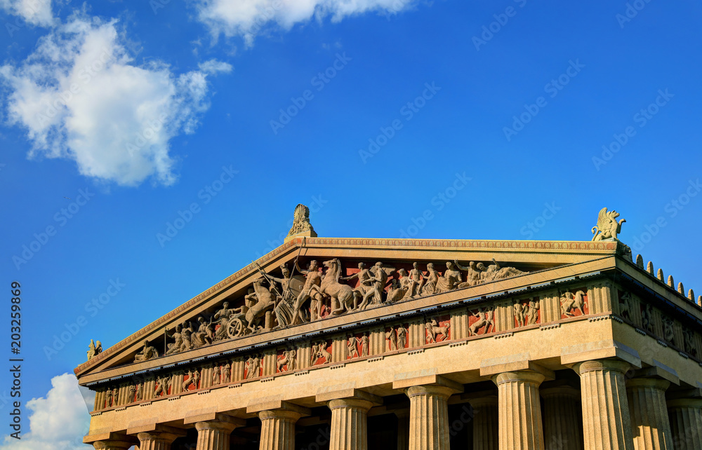 The Parthenon in Nashville, Tennessee is a full scale replica of the original Parthenon in Greece. The Parthenon is located in Centennial Park.