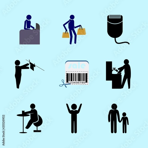 icons about Human with muslim, label, hanging up laundry, shopping and store