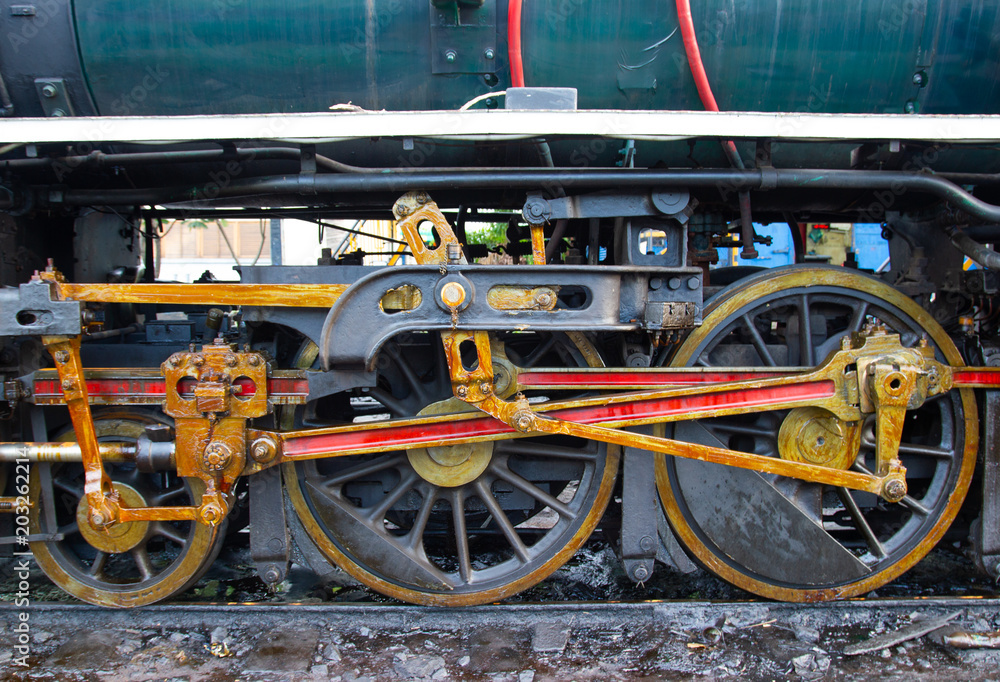 Close up - Train Wheel part of the Steam locomotive Location Thonburi Railway Station - Thailand 
