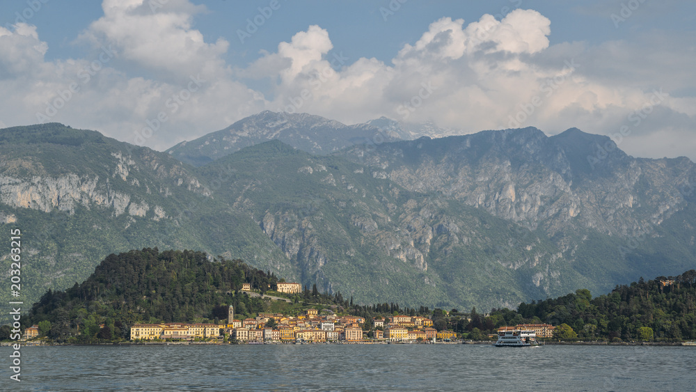Panoromic view of beautiful mountains surrounding the famous town of Bellagio on Lake Como, Italy.