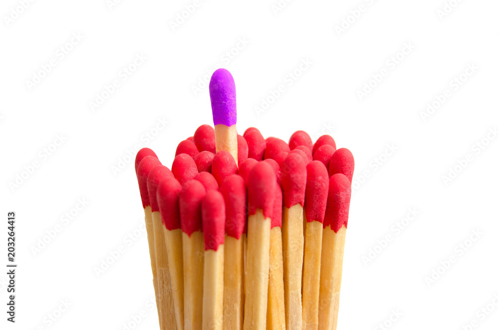 Group of matches isolated on white background, with one sticking out Group of matches isolated on white background, with one sticking out