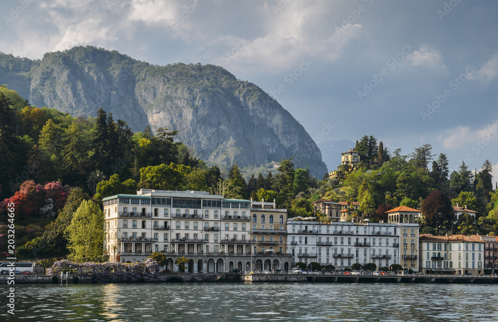 View of hotels and villas along Como lake, Cadenabbia, Italy