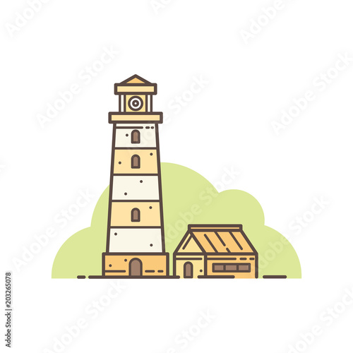 Image of lighthouse and small house isolated on white background. Linear color image. Vector illustration.