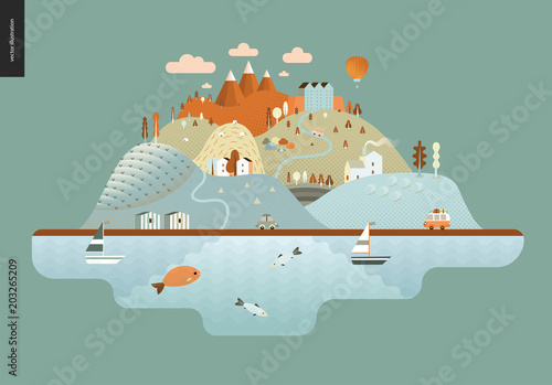 Magical summer landscape - green island with hills, roads, cars, castle, houses and trees, with mountains, balloon and clouds above and waving sea and striped houses on the coast.