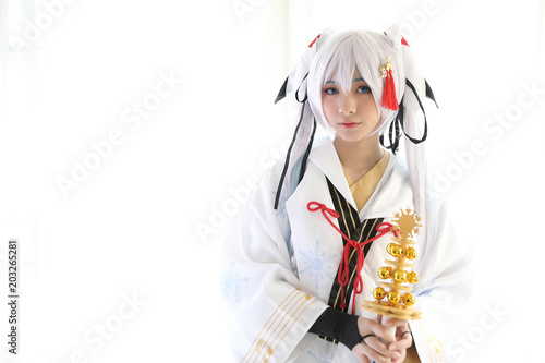Japan anime cosplay , white japanese miko in white tone room photo