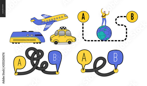 From point A to point B set of transportation planning concept - airplane, train timetable graphics, taxi service, city road map, train timetable, young male traveller walking on globe by curved way