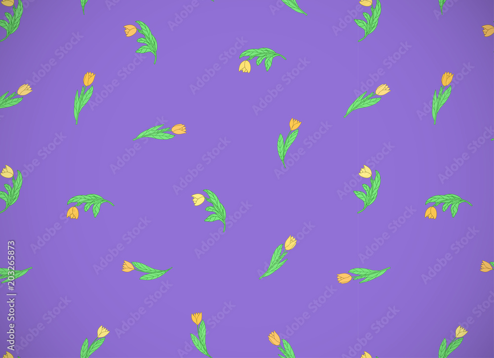 Horizontal card with cute cartoon yellow flowers, tulips on violet background.