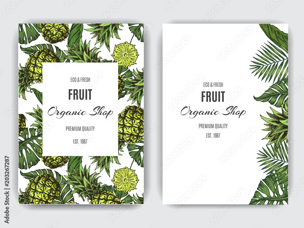 Obraz Card for eco store with a vector illustration of pineapples and palm leaves.