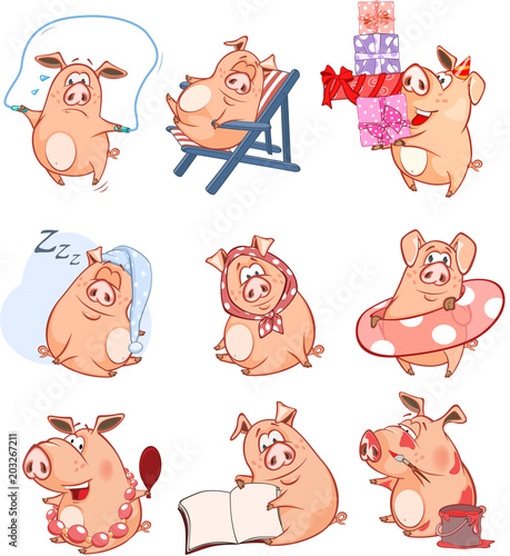 Set of  Cartoon Illustration. Cute Pigs in Different Poses for you Design. Cartoon Character