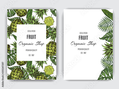 Card for eco store with a vector illustration of pineapples and palm leaves.