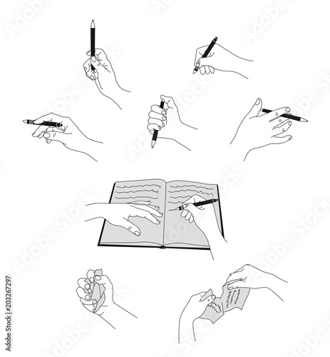 Nostalgic illustration of hand with pen note down isolated on white background.