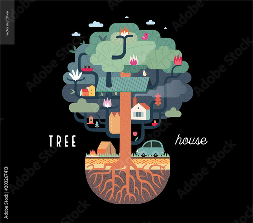 Tree house concept - a tree with houses, birds, nest, flowers and birdhouse on it, a car and tent with bonfire under it, and ground cut with soil layers and trees roots - summer camp vacation concept