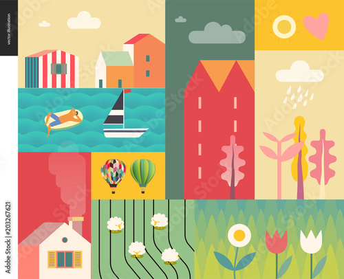 Idillic summer landscape - countryside, town, travel and vacation camp concept - collage of trees, flowers, field with sheep and lake or sea waves with sail boat and resting man on inflatable mattress