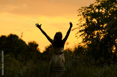 Happy girl with hands up in nature at sunset