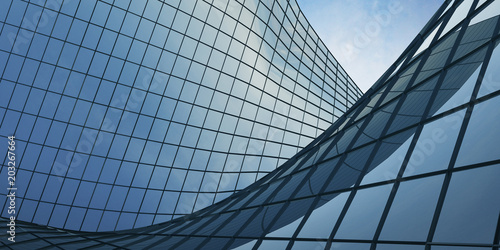 View of the clouds reflected in the curve glass office building. 3d rendering