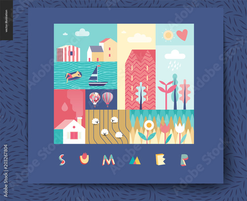 Idillic summer landscape postcard - countryside, town, travel, vacation camp concept - collage of trees, flowers, field with sheep, lake, sea waves, sail boat and resting man on an inflatable mattress