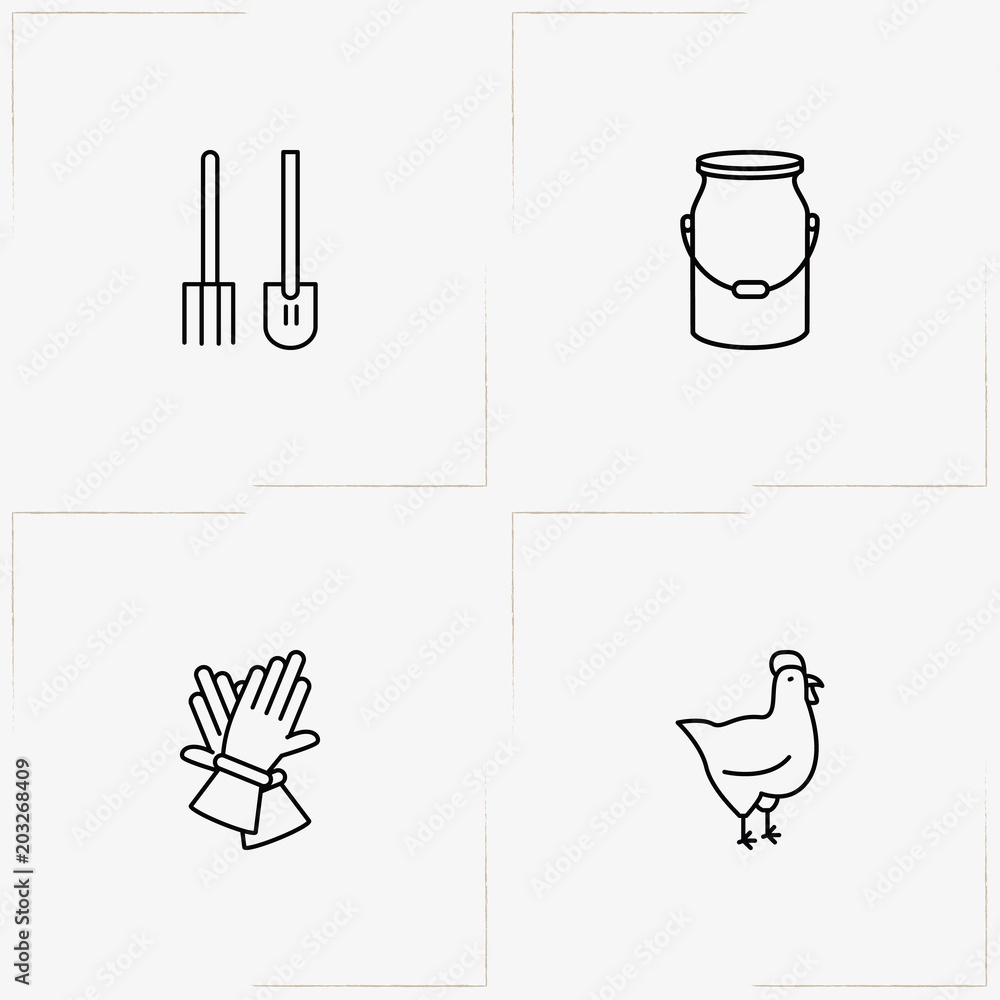 Farm line icon set with shovel with pitchfork, cock and milk can Farm line icon set with shovel with pitchfork, cock and milk can