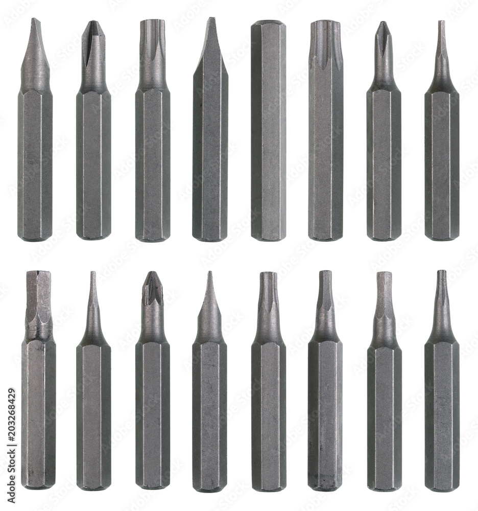 Sixteen steel magnetic inserts for industrial multi function screwdrivers. Sixteen steel magnetic inserts for industrial multi function screwdrivers.