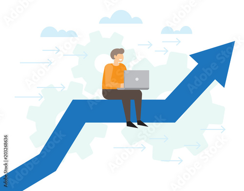 Businessman working on a laptop riding an arrow