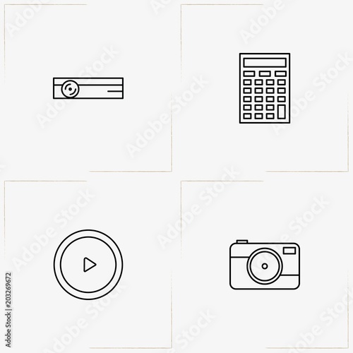 Electronic Devices line icon set with photo camera, projector and video play