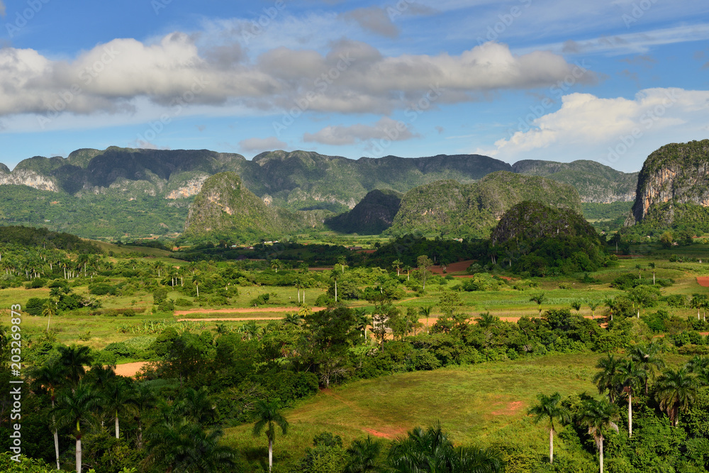 View over landscape with mogotes in Vinales Valley, Cuba, Pinar del Rio province