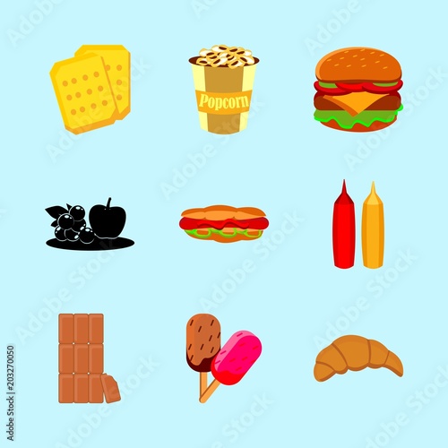 icons about Food with bread, fruits, apple, cherry and fastfood
