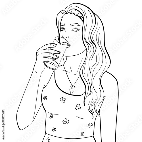 Healthy woman is drinking milk from a glass. isolated object on white background. Book coloring for children photo