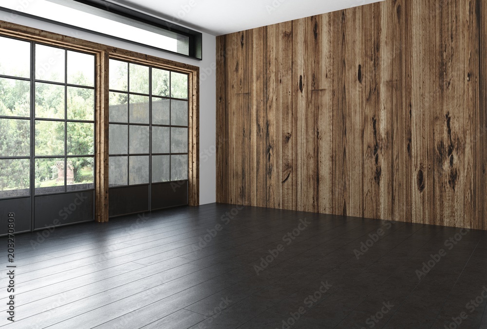 Empty rustic style room with feature wooden wall