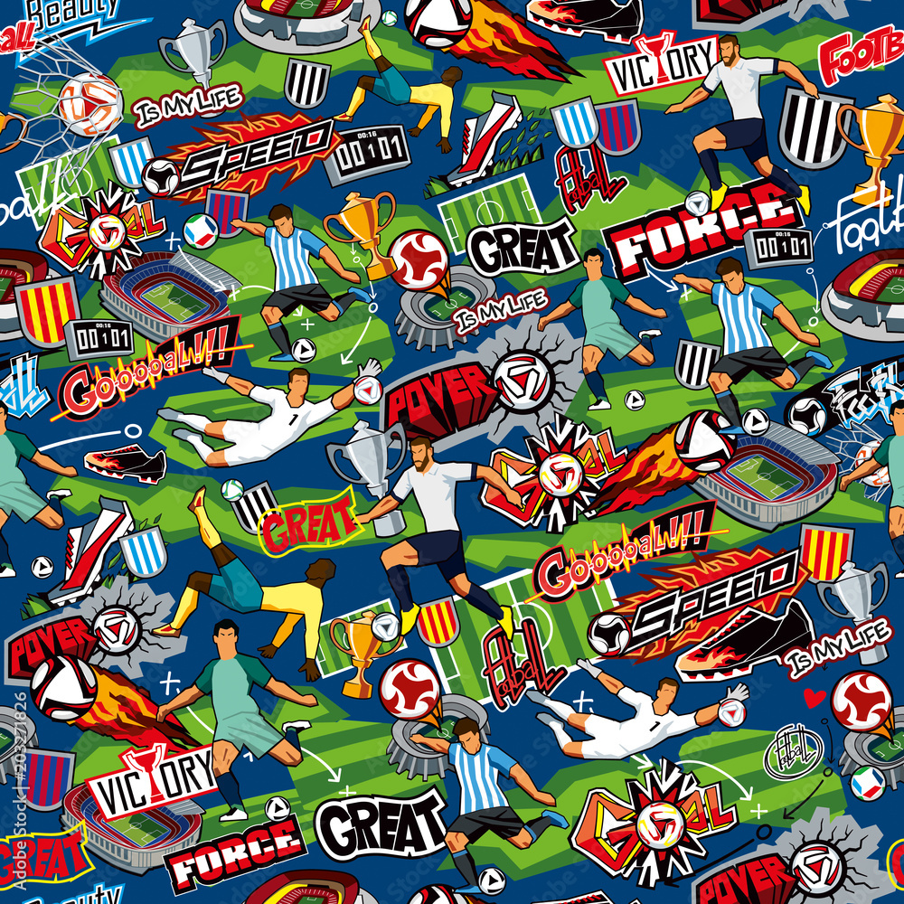 Seamless pattern on the theme of football. Football attributes, football players of different teams, balls, stadiums, graffiti, inscriptions. Vector graphics. Blue background