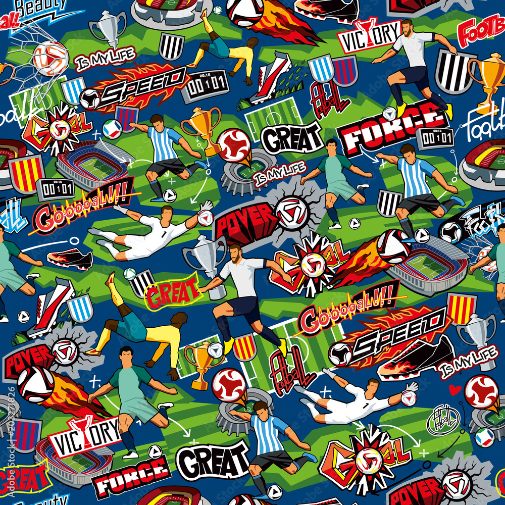 Obraz premium Seamless pattern on the theme of football. Football attributes, football players of different teams, balls, stadiums, graffiti, inscriptions. Vector graphics. Blue background