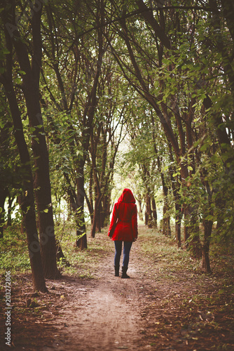 Woman in red coat walking in the forest © Liz