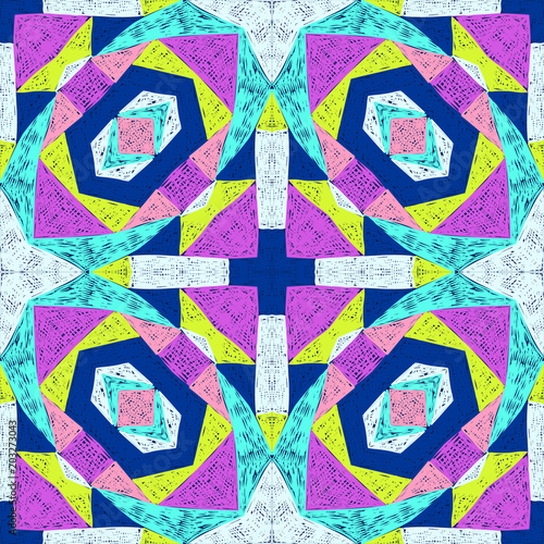 Ethnic pattern. Aztec fabric. Embroidery effect. Tribal ornament. Brazilian or Mexican print. Clothes or interior design. Boho fashion. Traditional homespun textile. Vector seamless pattern.