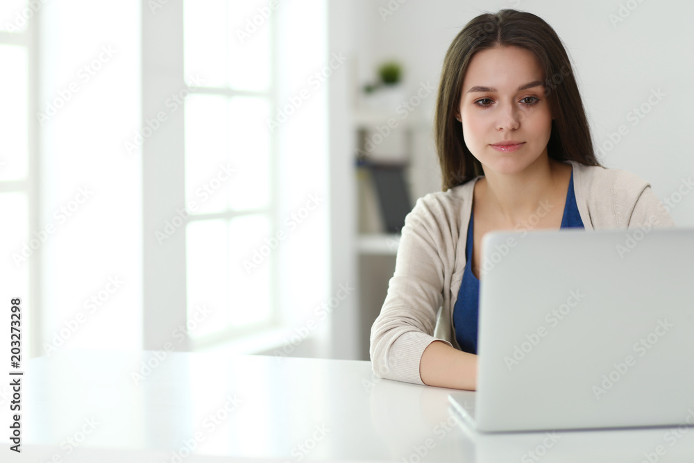 Beautiful young woman using laptop computer at the desk Beautiful young woman using laptop computer at the desk