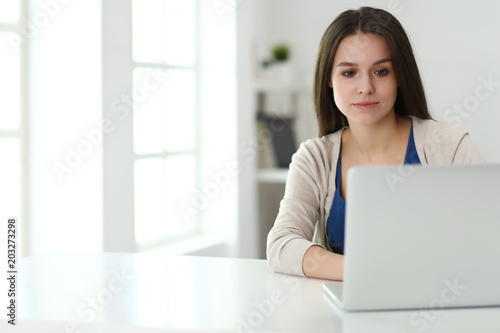 Beautiful young woman using laptop computer at the desk