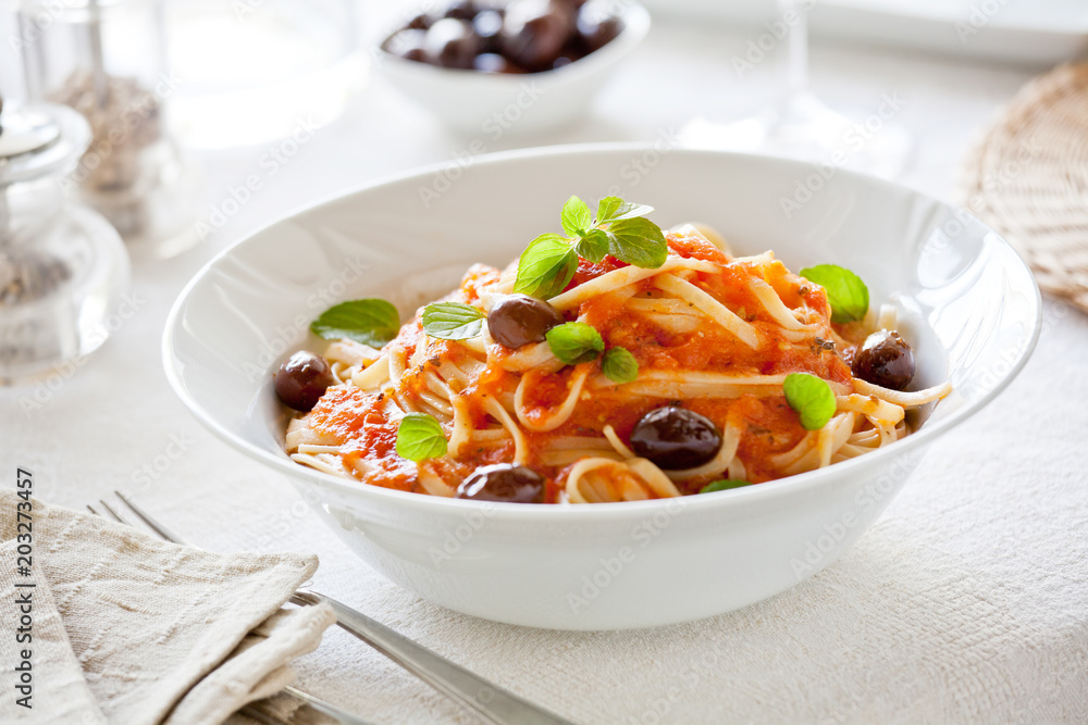 Bowl Of Pasta With Organic Tomato Sauce And Olives Bowl Of Pasta With Organic Tomato Sauce And Olives