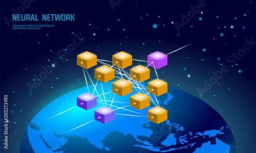 Neural international net. Global neuron network. Deep learning cognitive technology concept. Logical artificial intelligence planet Earth Asia Japan mathematics.Blue vector illustration