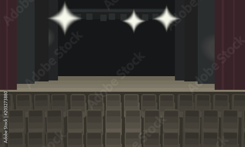 empty theater scene with three bright spotlights, burgundy curtain and rows of brown chairs for spectators vector illustration