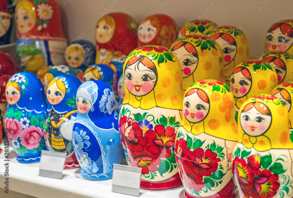 Lot of traditional Nesting dolls or Russian Matryoshka on the store shelves.