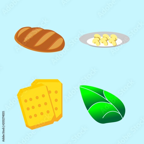 icons about Food with tasty, sweets, bread, agaric and leaf