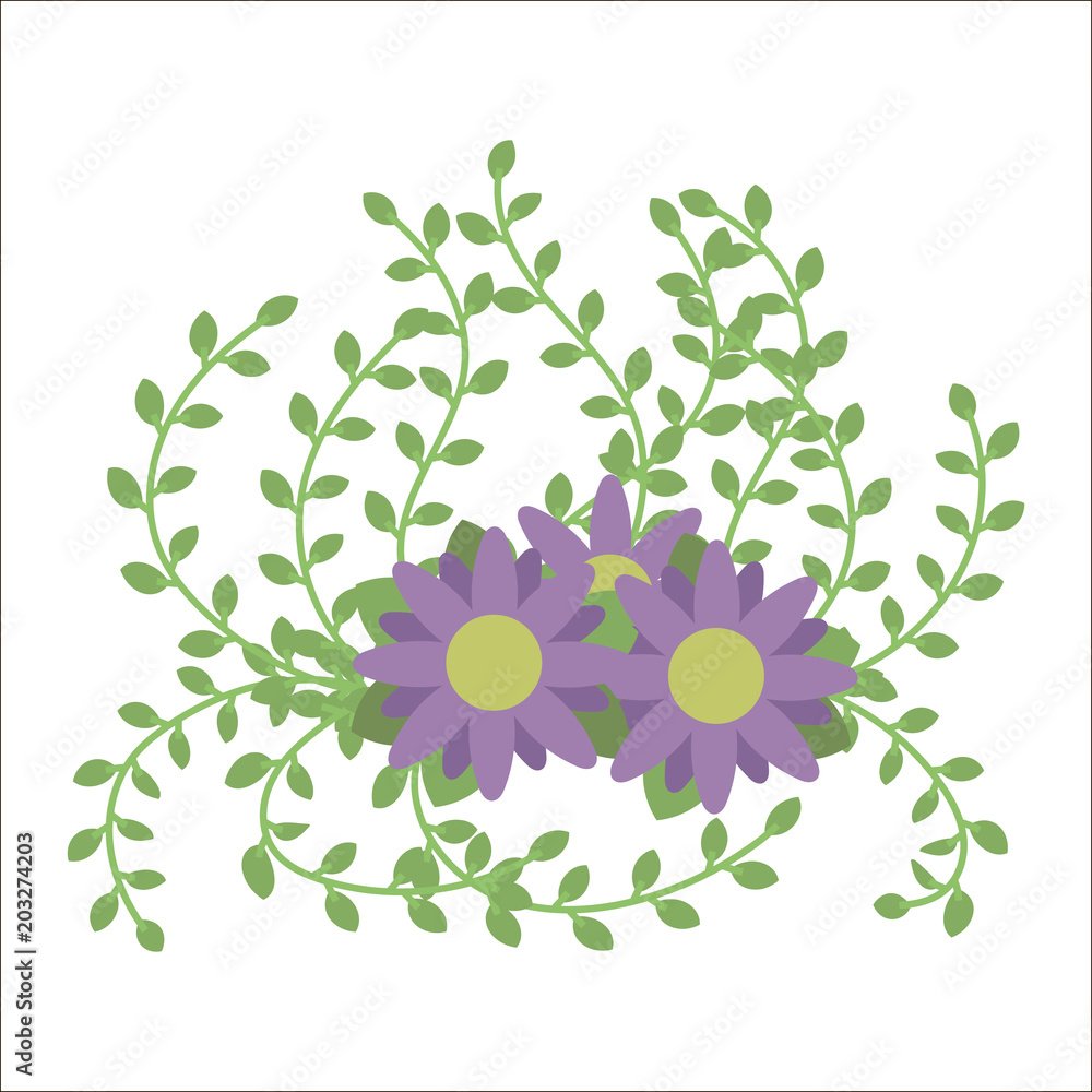 spring beautiful floral composition with lilac flowers with a yellow center and small light green leaves on the bunches vector spring beautiful floral composition with lilac flowers with a yellow center and small light green leaves on the bunches vector