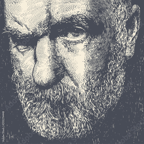 Dissatisfied Old Bearded Man. Retro Engraving Style. Vector Illustration