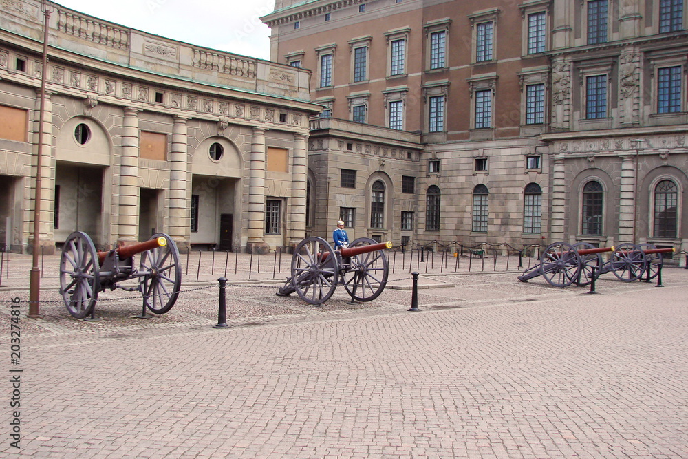 Fototapeta premium Panorama of the royal palace in the central district of the Swedish capital on a cloudy summer day.